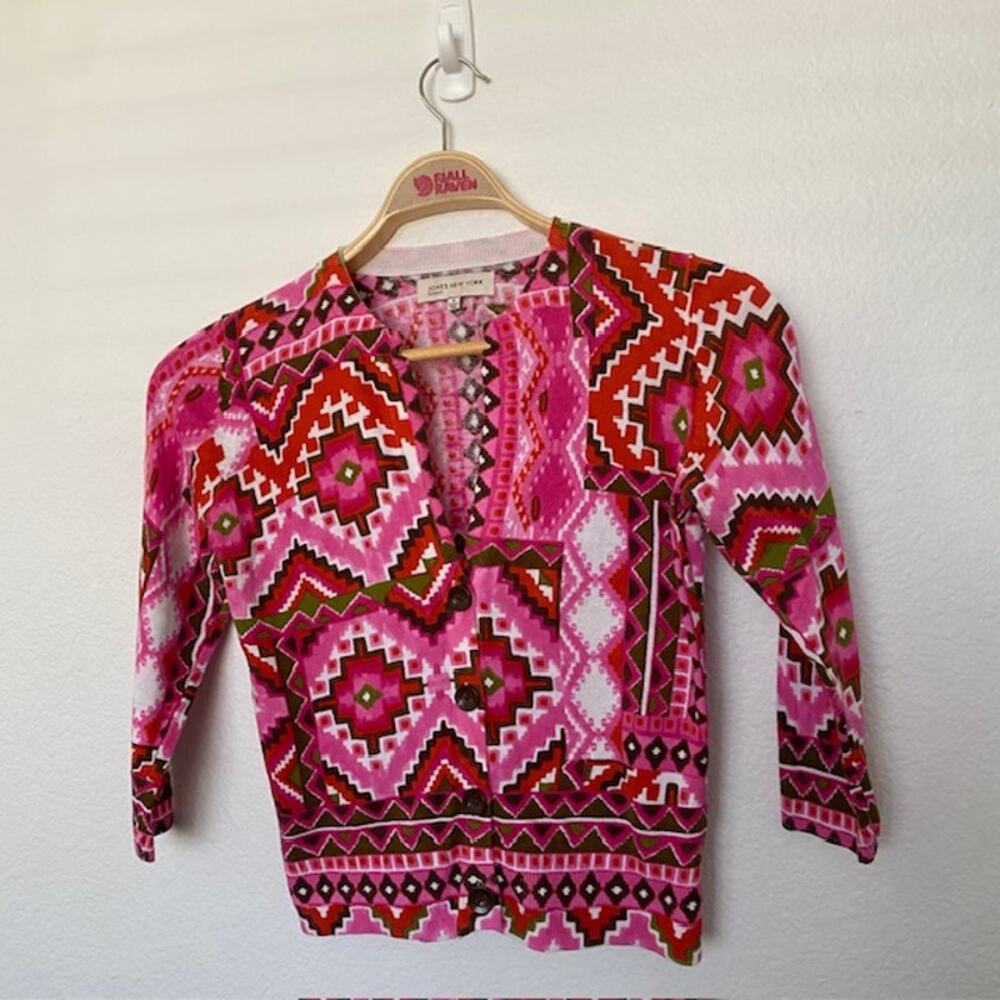 Jones New York Sport‎ Cardigan Azalea Print Open Neck Top 3/4 Sleeve Women Small